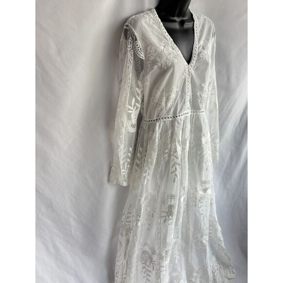 BOHO Beach Hut NWT Maxi White Embroidered Dress Lace Crochet Long Bohemian M - Picture 5 of 12